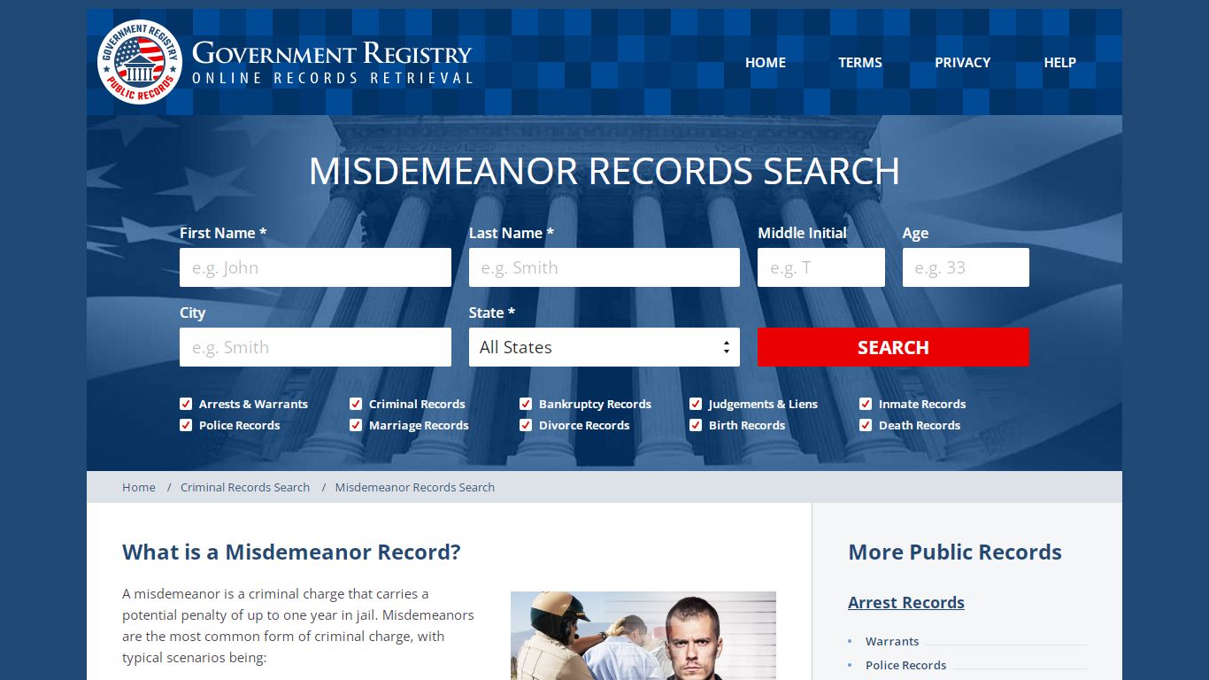 Misdemeanor Records Search - GovernmentRegistry.Org